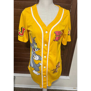 Retro Tom & Jerry Cartoon Baseball Jersey Shirt Bright Yellow Orange AOP sz L